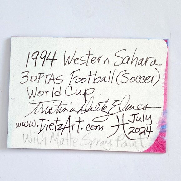 ACEO Original Mixed Media Art 1994 W Sahara Soccer World Cup Postage Stamp ATC - Picture 2 of 2